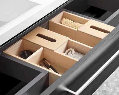 Scheme 1200mm with Isocast Basin and Umbra Beech Boxes - Modern bathroom design Essex luxury vanity installation Bowman Bathrooms