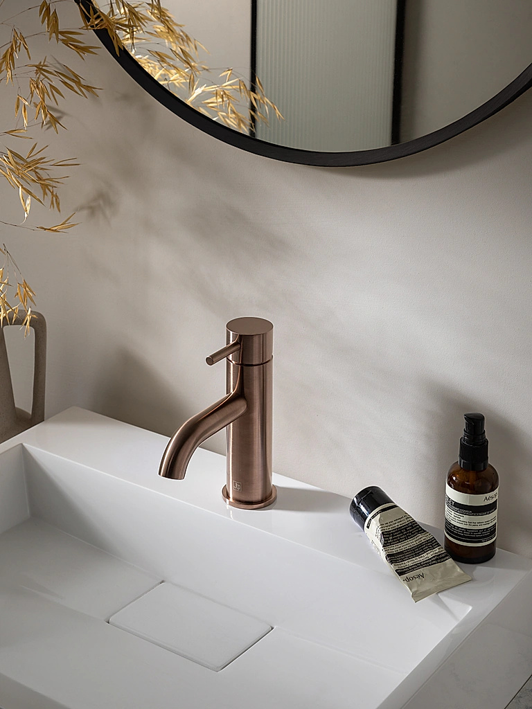 Luxury modern bathroom featuring VOS brushed bronze single lever mono tap - Contemporary bathroom design Essex Bowman Bathrooms installation