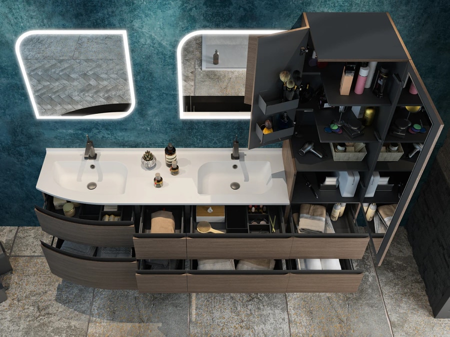 Ambiance Bain Aviso bathroom storage scheme - coordinated vanity, drawers and column on a designer-led luxury bathroom in a Bowman Bathrooms specification, demonstrating the integrated storage approach planned at drawing stage