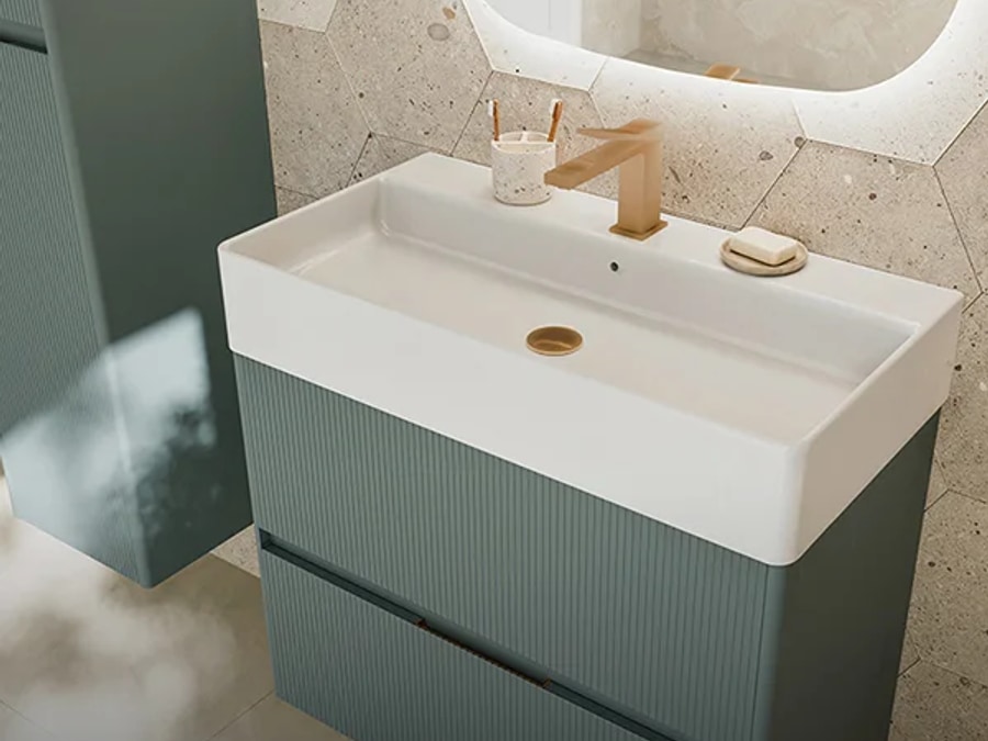 Ambiance Bain fluted floating vanity - French-built bathroom furniture with Blum soft-close runners, full-extension drawer mechanism and bracket-mounted cantilever construction, the upper end of the UK luxury vanity market