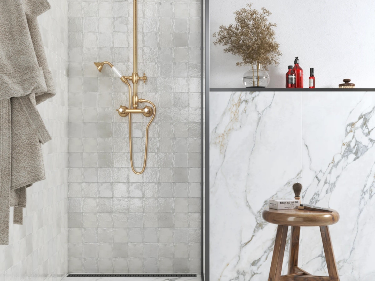Appleton Brooks brass shower valve mounted precisely on a square zellige tile grid