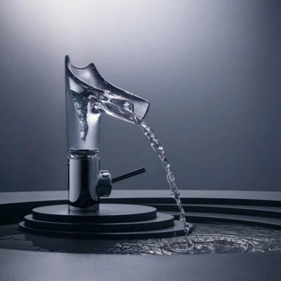 AXOR Starck V single lever basin mixer 140mm with glass spout showing minimalist Philippe Starck design