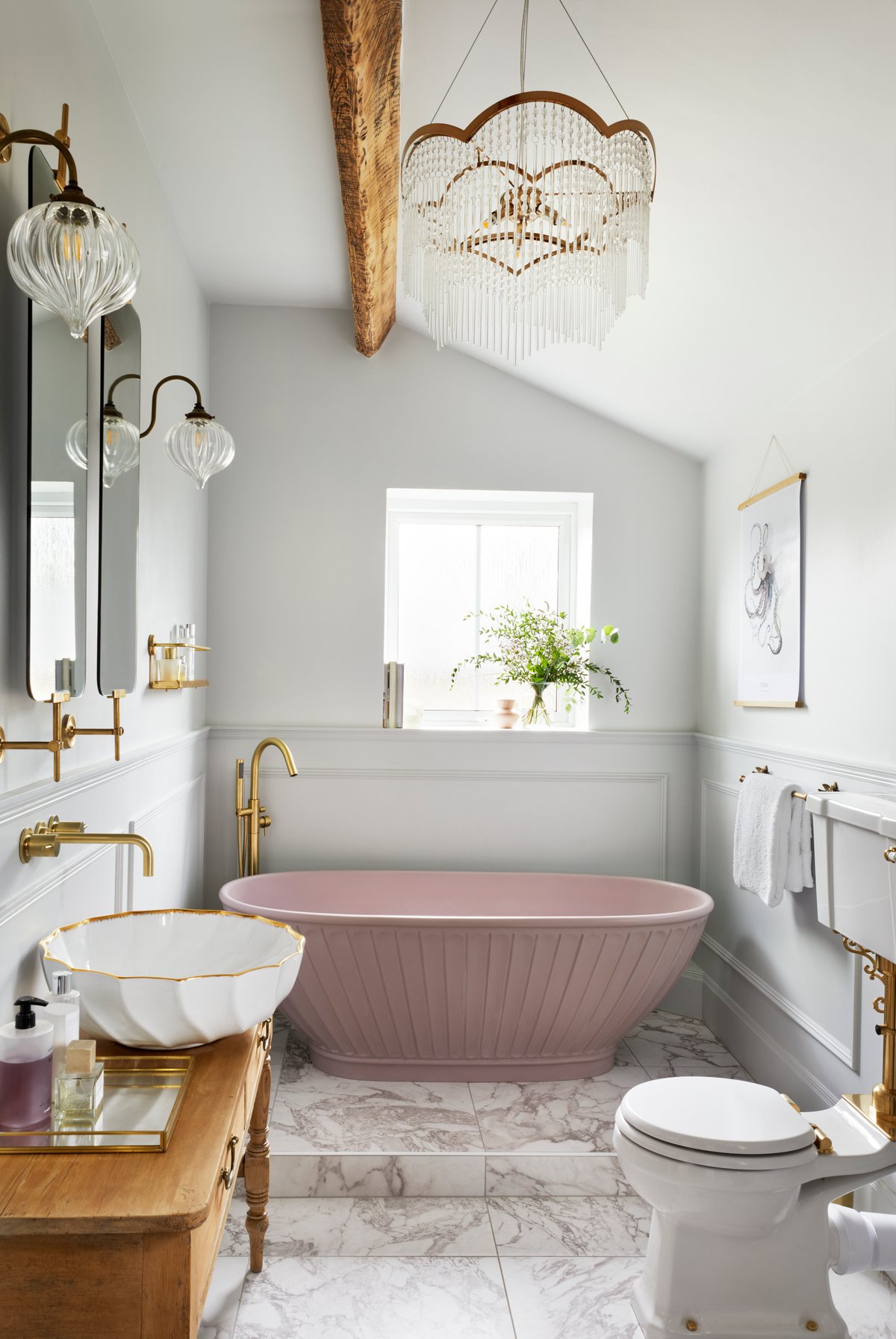 Freestanding bath in a bay window scheme — BC Designs bath positioned for natural daylight as the dominant ambient layer, with overhead pendant clearance respecting BS 7671 Zone 1 height and IP rules