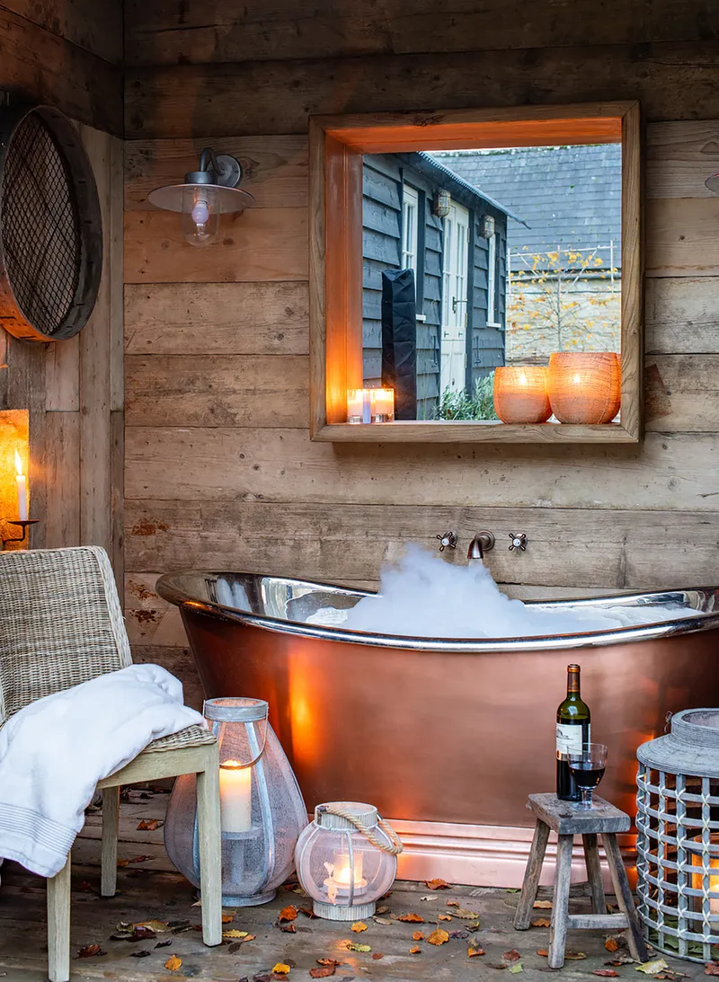 BC Designs BAC010 copper boat bath rustic barn bathroom Essex Bowmans luxury installation with living patina finish