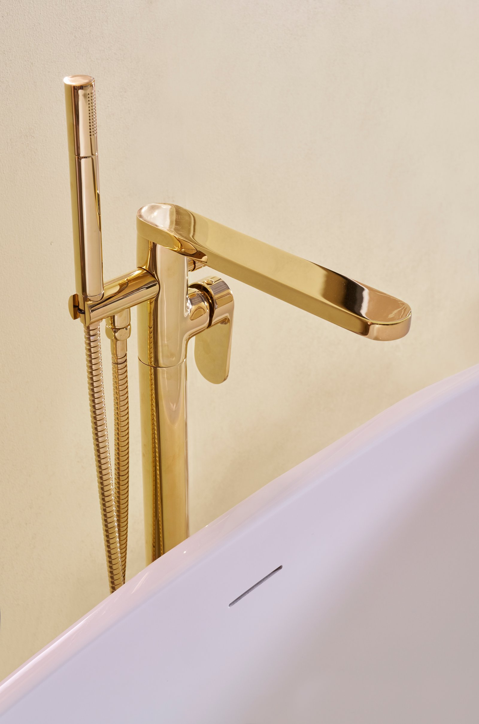 BC Designs CHE321G floor-mounted bath shower mixer in brushed brass - the freestanding solution for hot, cold and shower handset feed, plumbed through the floor inside the bath footprint and serviced from the front
