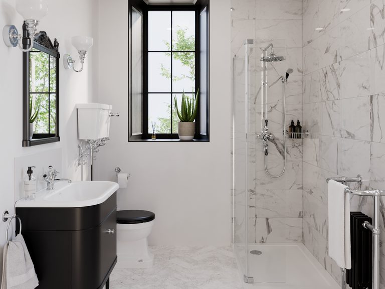 Burlington full bathroom suite with traditional bath, basin, and WC