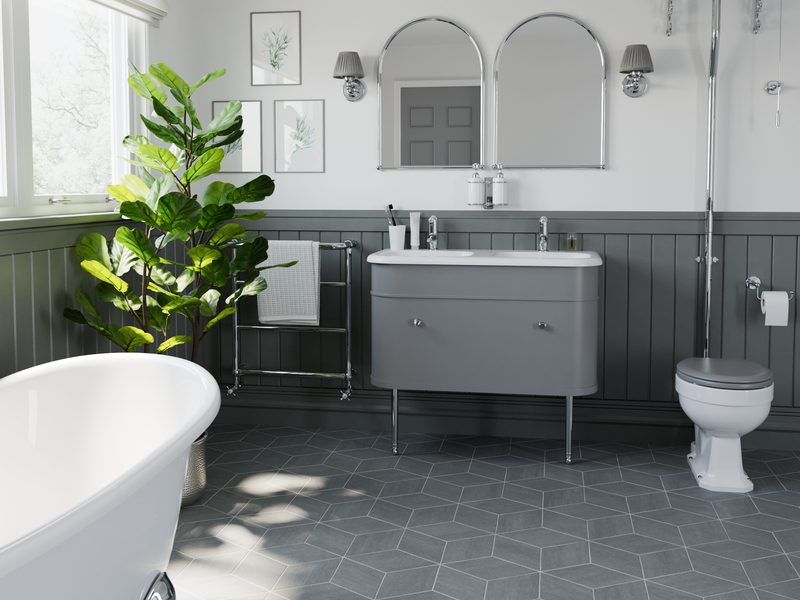 Burlington painted bathroom furniture and storage in a traditional setting
