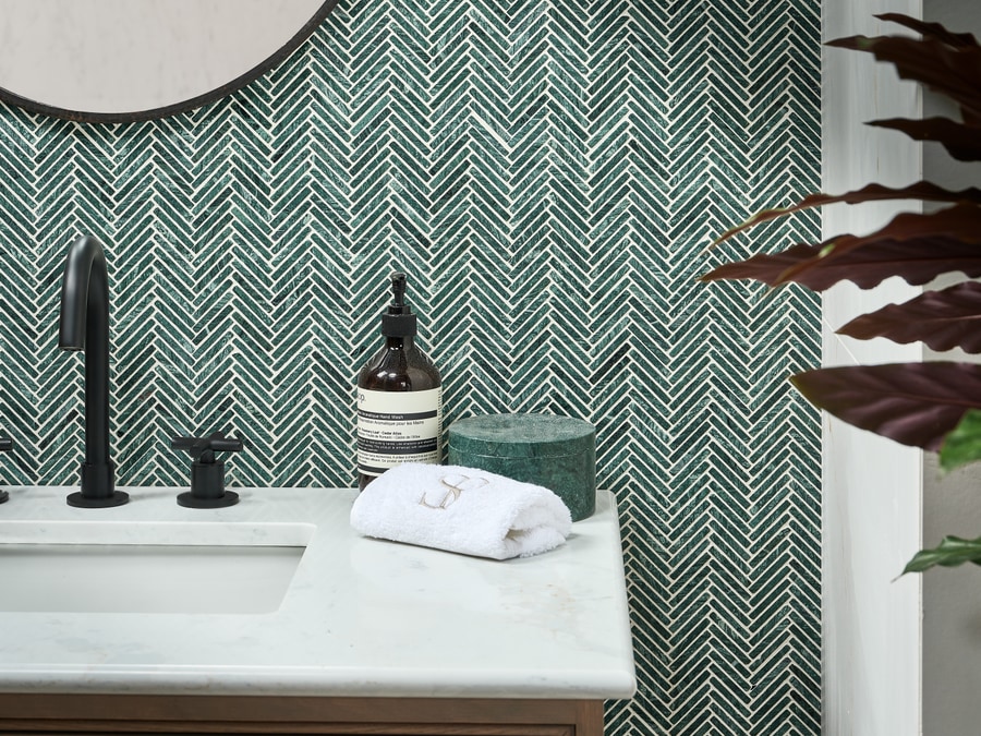 Ca Pietra Athens Amazon tile in a soft sea-green glaze, cool aqua tone — example of a hand-glazed ceramic feature tile that earns its place where porcelain cannot replicate the glaze depth