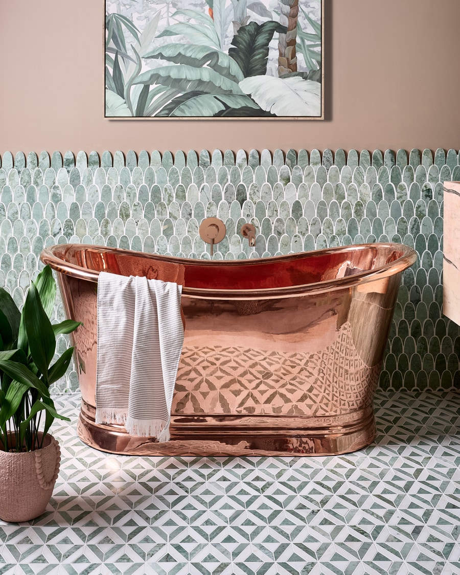 Bespoke principal-suite scheme - Ca Pietra East Java marble mosaic, special-finish brassware, custom joinery