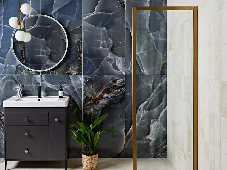 Ca Pietra Hollywood Blue Linara — soft mid-blue ceramic with subtle textured finish, an example of a hand-decorated wall tile where the gentle irregularity reads as crafted rather than catalogue