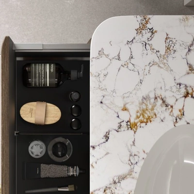 Calypso vanity drawer interior showing soft-close storage solutions and quality fittings