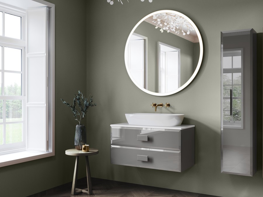Standard luxury bathroom scheme - Catalano Carolina coloured sanitaryware, designer brassware, larger format tile