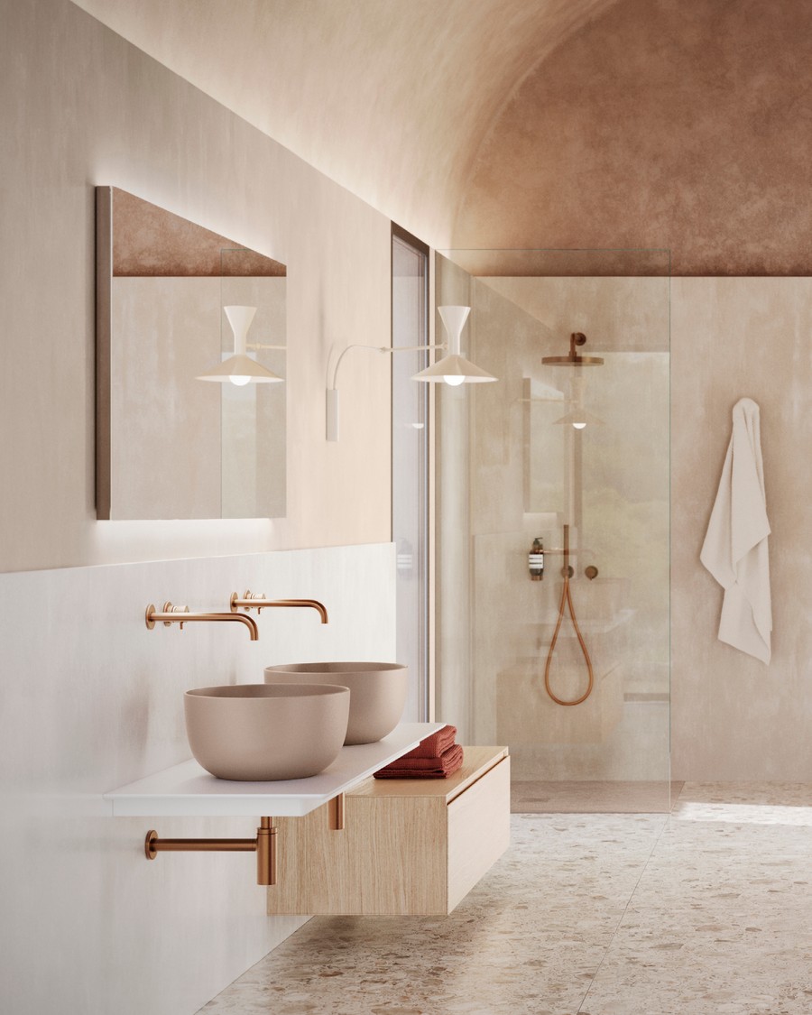 Catalano Seta ceramic scheme - wall-hung WC with proper soil-pipe centre-line, basin with generous side clearance, mirror placed clear of WC reflection, vertical wall lights at face height, joist-aware floor finish - every layout decision worked through before specification
