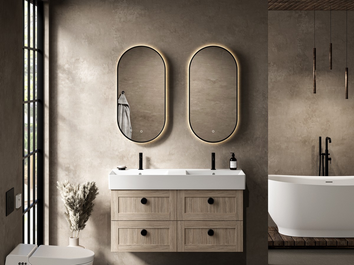 Catalano Spectral oval basin on a stone vanity — the level of product detail (basin profile, tap-hole spacing, vanity material coordination) that gets discussed once a brief is established at a design appointment