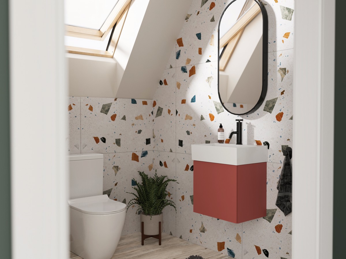 Catalano terracotta cloakroom basin in a coloured sanitaryware scheme - illustrative example of how non-stock colourways extend European sanitaryware lead times