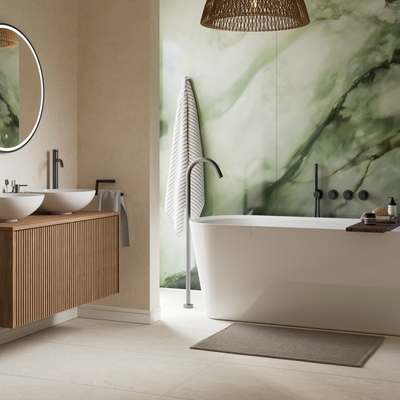 Crosswater slate main bathroom with modern brassware in Essex