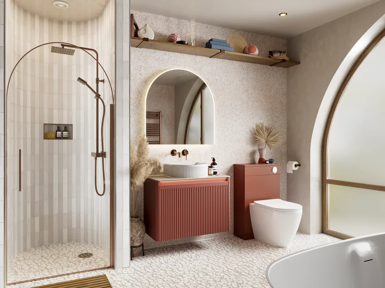 HiB Alba 80cm illuminated mirror with Cleo fluted arch basin and Adorn terracotta vanity furniture Leigh-on-Sea Essex