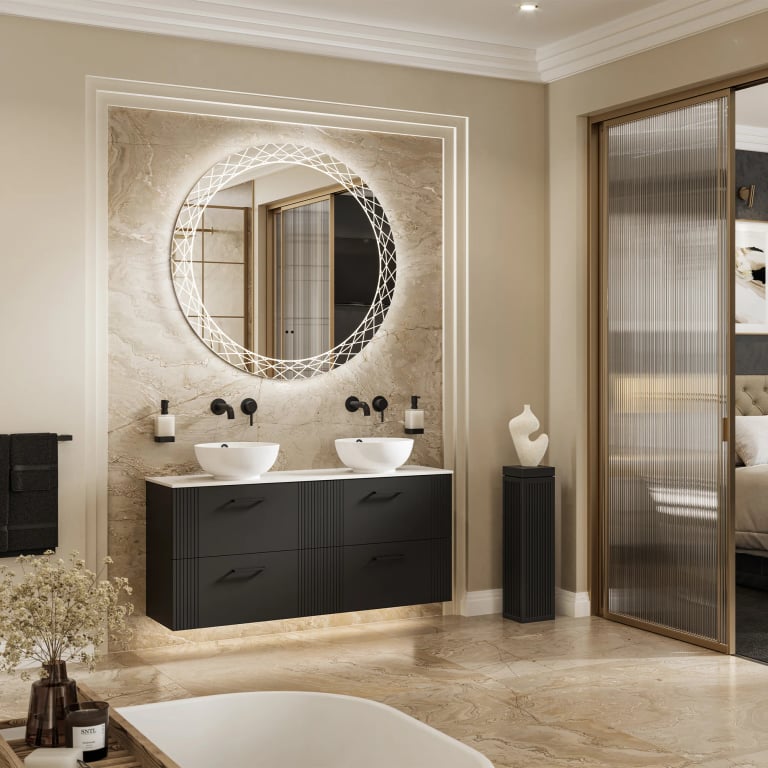 HIB Bellus 100 backlit LED bathroom mirror - frosted-edge LED border throwing diffuse warm 2700K light forward onto the face, IP44 rated for Zone 2 and integrated demister pad, the workhorse spec on a UK luxury bathroom mirror