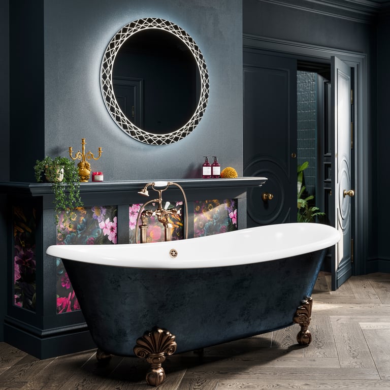 HIB Bellus backlit bathroom mirror in a coordinated luxury bathroom scheme - 2700K warm-white edge LED, IP44 Zone 2, demister pad, the mirror specified inside a properly-coordinated four-layer lighting plan rather than as an afterthought