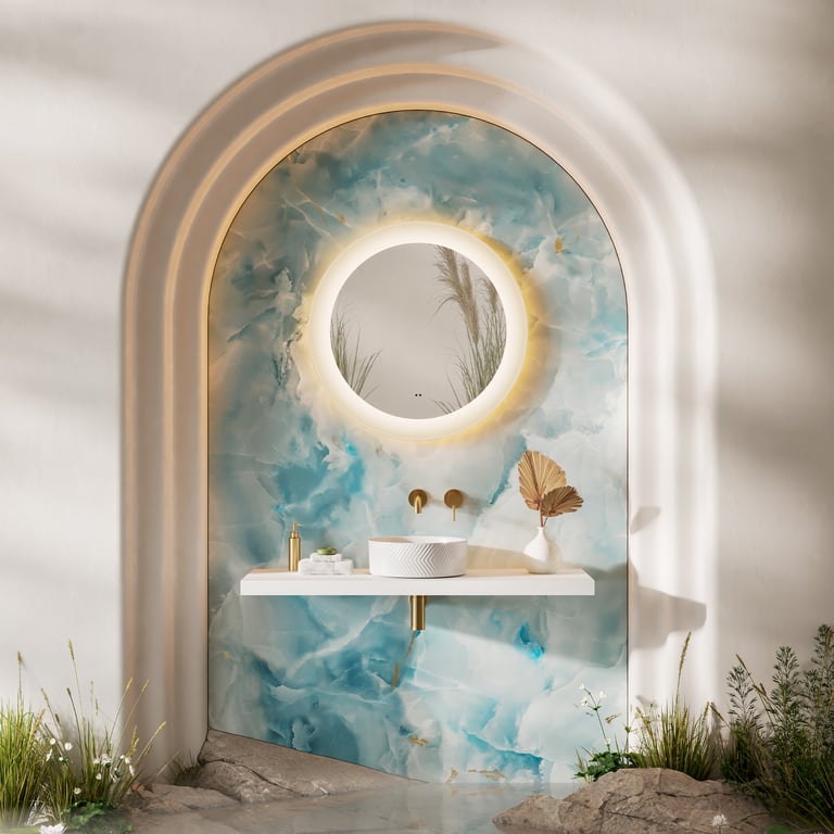HIB Cassini round backlit bathroom mirror - circular form with edge-LED 2700K warm-white halo, IP44 rated for Zone 2, the soft-geometry mirror choice that pairs with rectilinear vanities and stone walls in luxury bathrooms