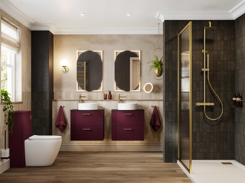 Layered luxury bathroom lighting on a HIB Fabrica Rubin double vanity — task lighting at the mirrors, accent cove glow, all coordinated at 2700K warm-white colour temperature on dimmable circuits