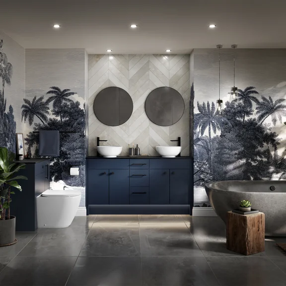 HiB Genesis illuminated mirror cabinet midnight blue finish Bowman Bathrooms Essex
