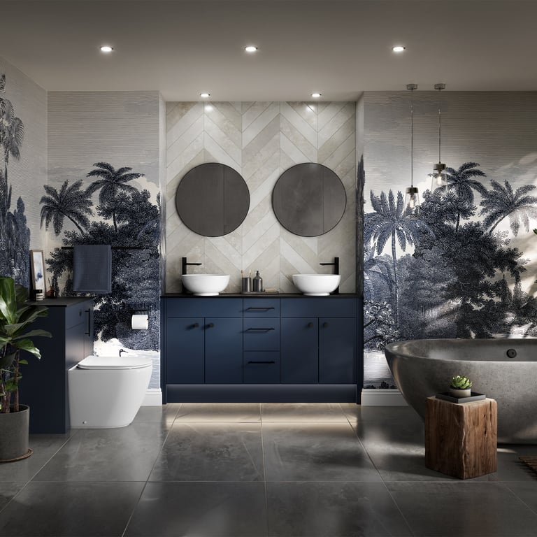 Scene-set bathroom lighting on a HIB Genesis backlit mirror in midnight-blue scheme — dimmable layered lighting controlled through a Lutron or Rako keypad to a saved evening-bath preset