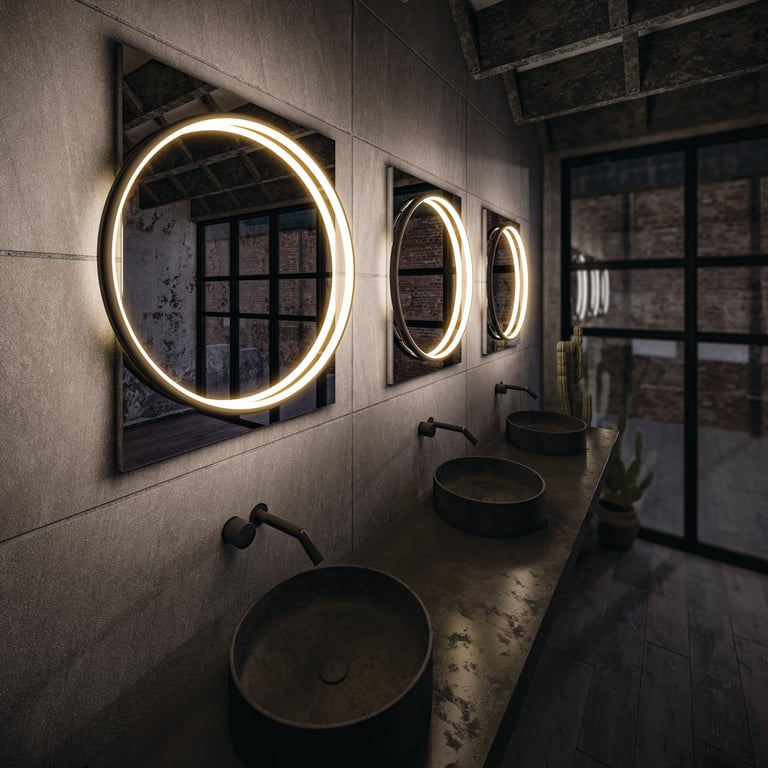 HIB Solas triple backlit mirror display — the kind of side-by-side comparison you can see in a showroom but cannot judge from product shots online, demonstrating colour temperature differences across 2700K, 3000K and 4000K