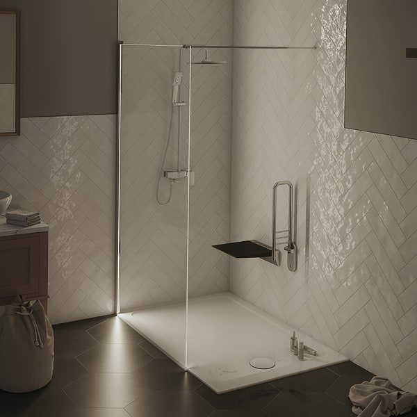 Lakes Cannes walk-in shower panel creating an open contemporary wet room space with 8mm or 10mm glass