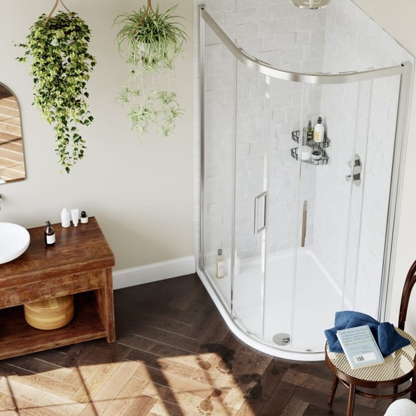 Lakes Italia designer shower enclosure featuring architectural styling and luxury brushed brass finishes