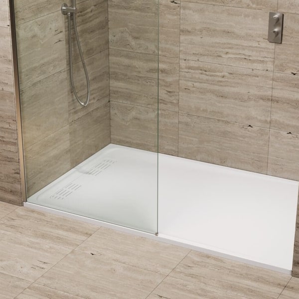 Lakes low-profile shower trays in stone resin with precision-engineered waste systems