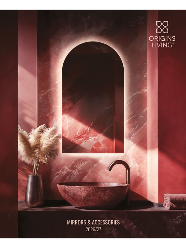 Origins Living catalogue cover featuring bathroom furniture collections