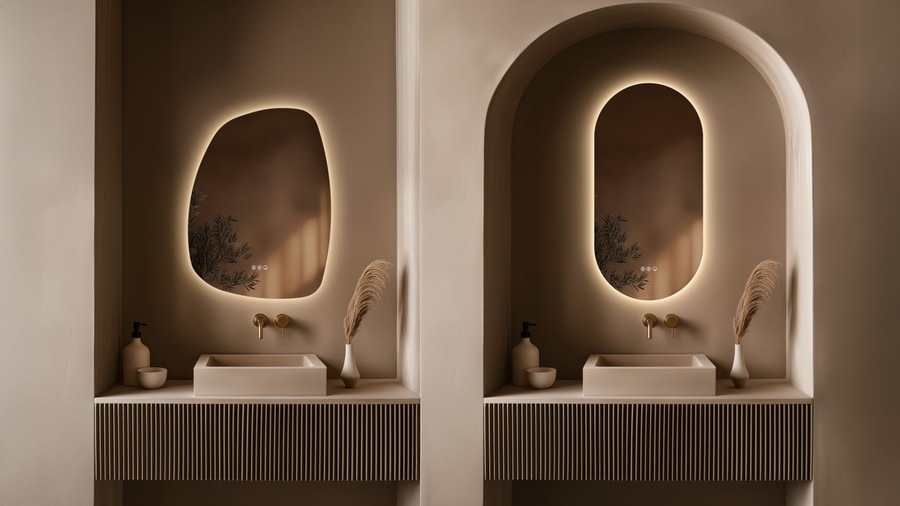 Origins Living Claris bathroom furniture collection - coordinated vanity, tall storage column and mirror specified for a family bathroom with daily laundry and multi-user towel volume