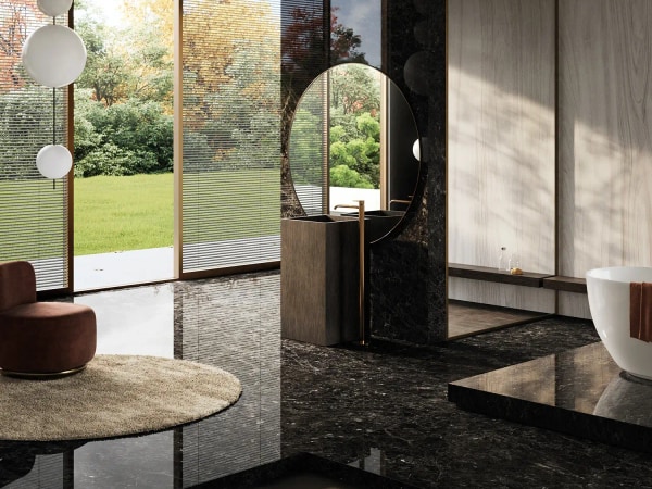 Porcelanosa Argos Black surface detail for luxury Essex bathroom