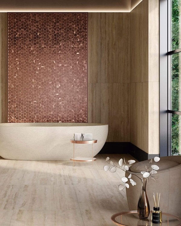 Porcelanosa ceramic tile textures in a refined Essex bathroom