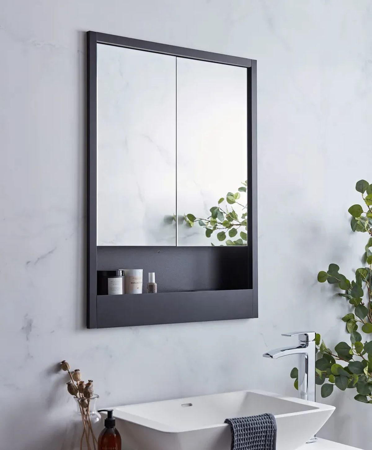 Roper Rhodes mirror cabinet with integrated LED lighting, demister pad and internal shaver socket - IPX4 rated for Zone 2 placement under BS 7671 Amendment 3:2024, the workhorse storage piece above the vanity in most luxury bathrooms
