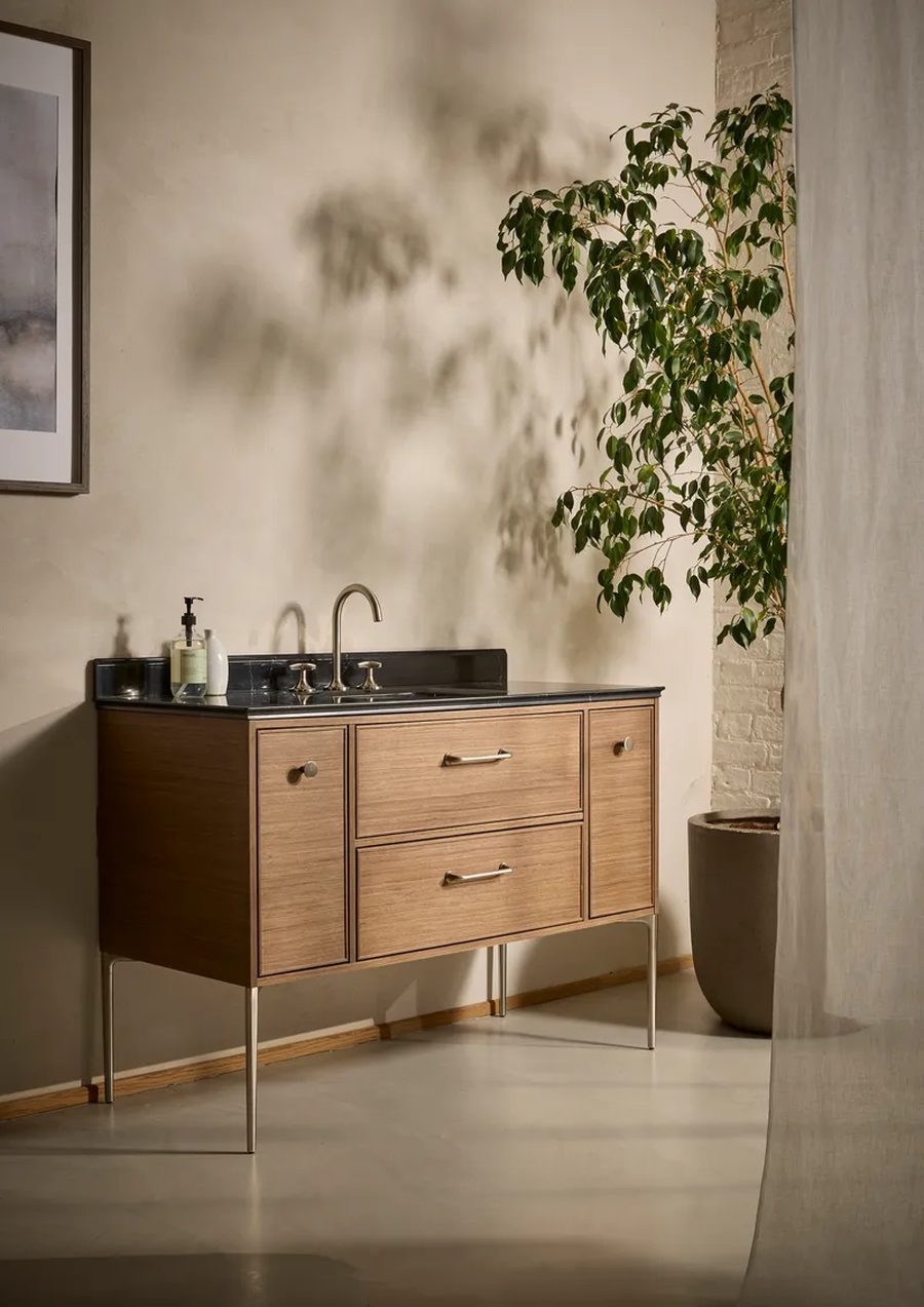 Roper Rhodes vanity unit installation - UK luxury bathroom furniture with integrated countertop, soft-close drawers and coordinated storage column, the kind of designer-led storage scheme the storage budget actually buys