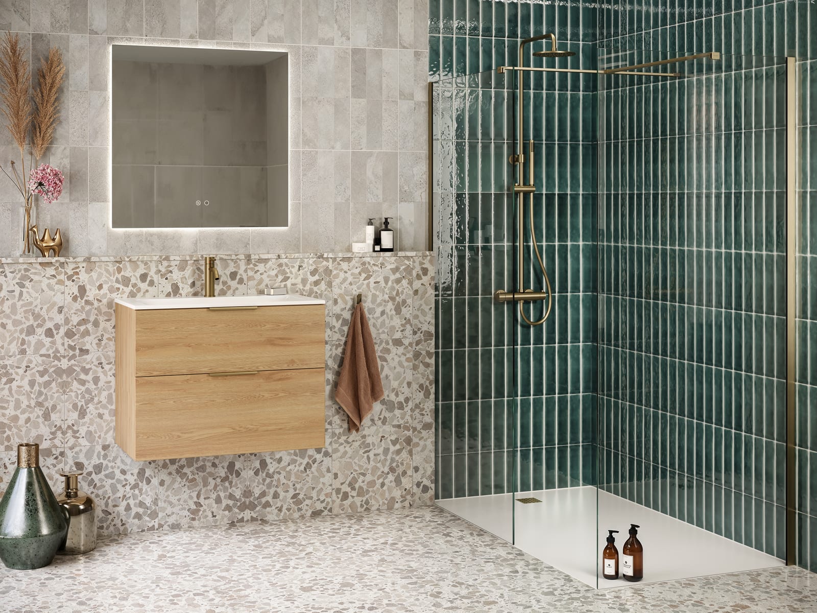 Ensuite bathroom designed after an architect's plans: terrazzo floor, oak vanity, zellige shower, brass fittings, LED mirror.