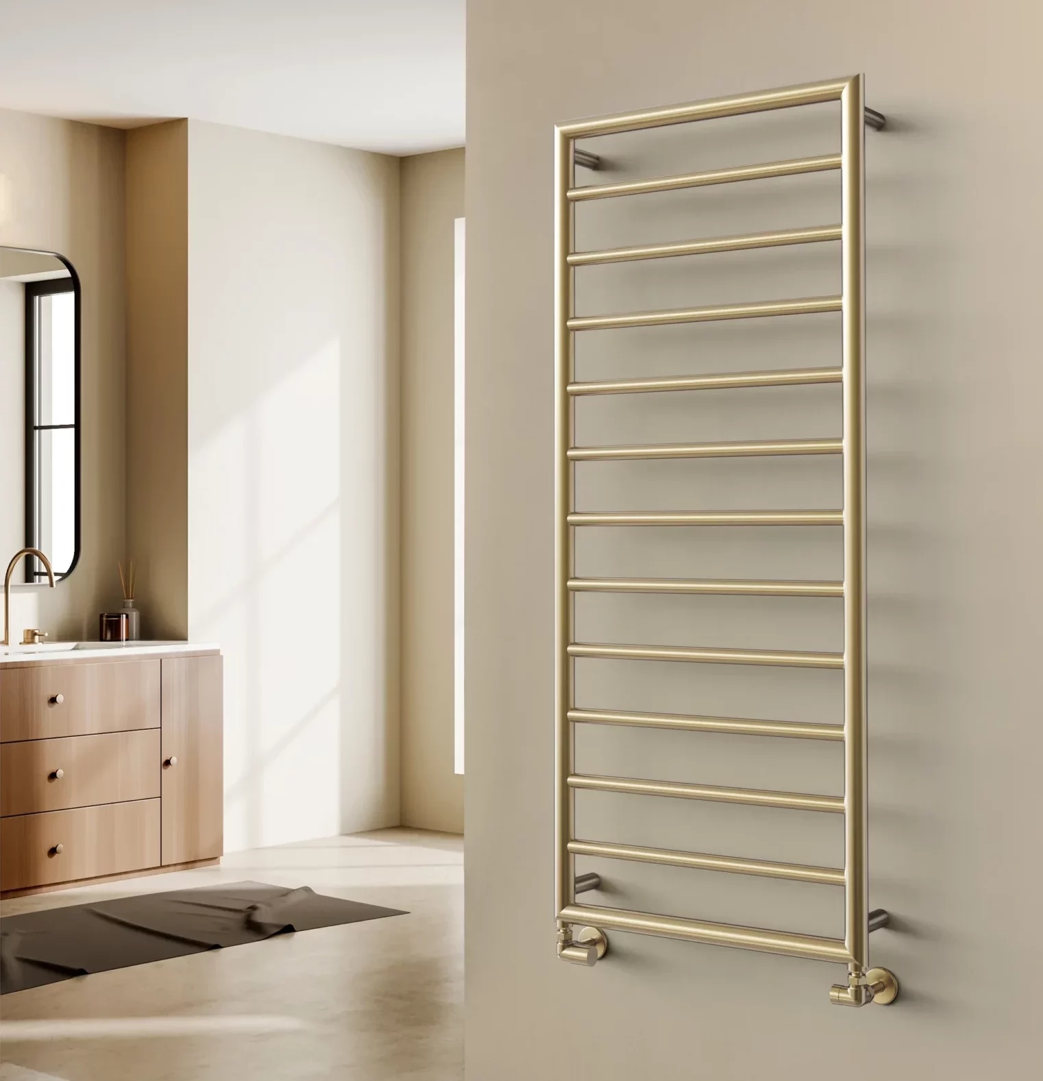 Brass-coloured Vogue towel rail beside a bathroom vanity