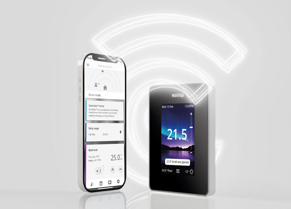 Warmup smart thermostat smartphone app showing bathroom floor temperature schedule - learning thermostats reduce running cost on UK electric underfloor heating by anticipating warm-up cycles and trimming duty cycle