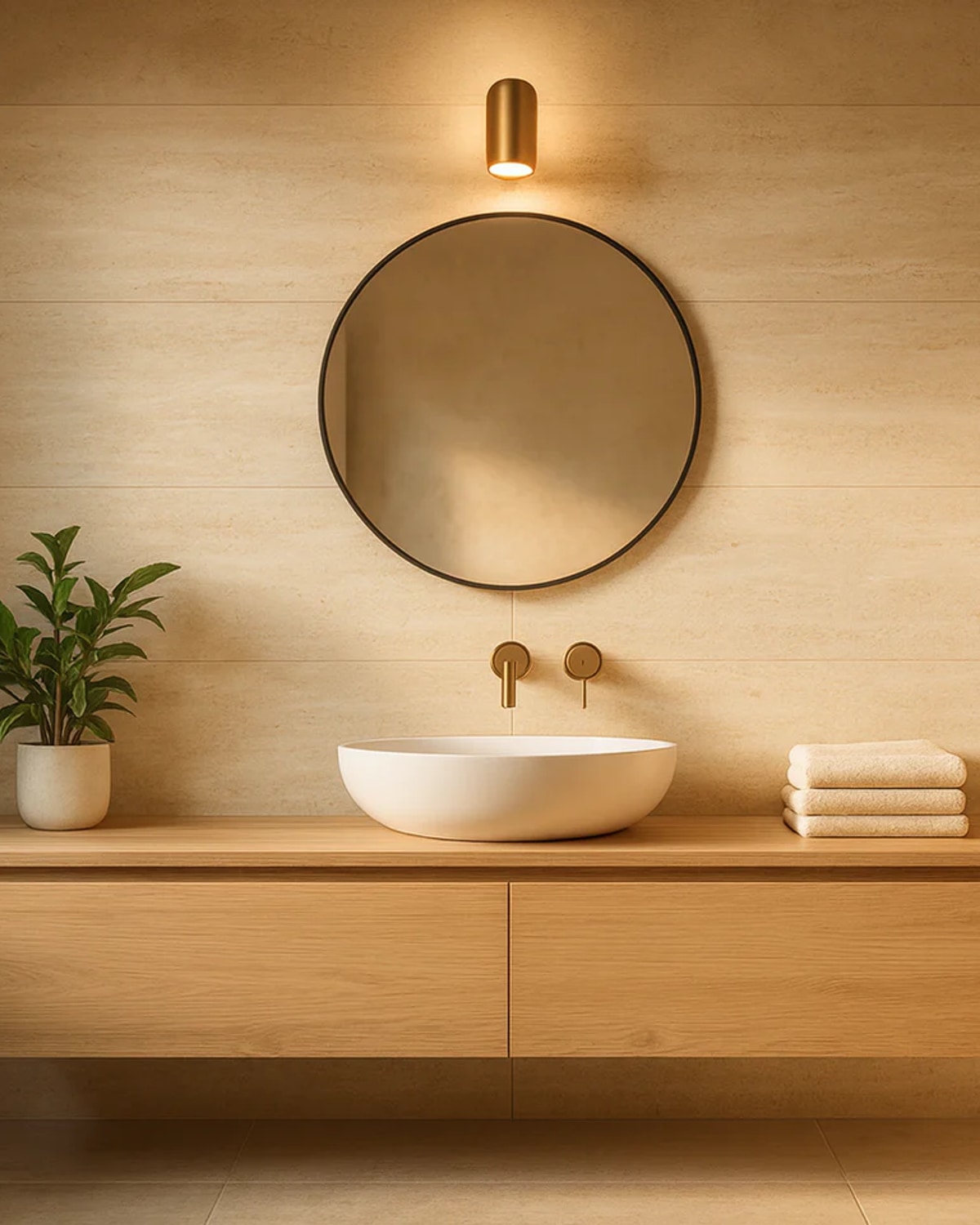 Waxman Ceramics travertine-effect porcelain wall tile in a matt finish, with a vessel basin and brass tapware