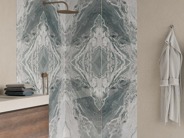 Reflect Aqua Decor tiles by Waxman Ceramics in Essex