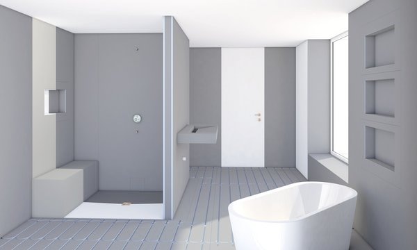Wedi waterproof building boards forming a walk-in shower enclosure, integrated bench and niche shelving, with underfloor heating pipework across the floor before tiling