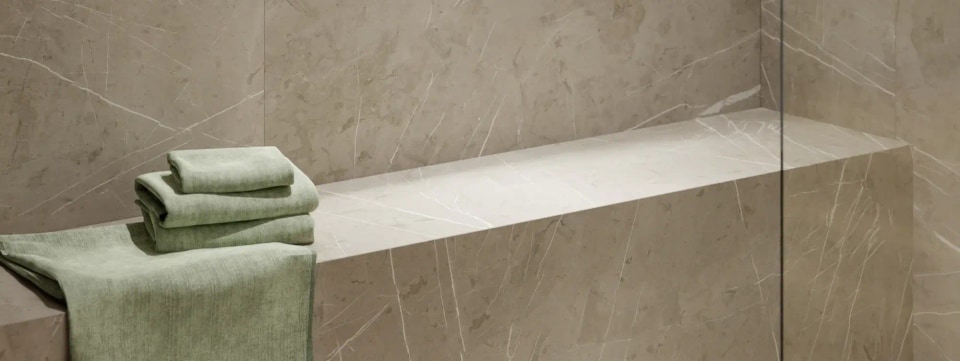 Wedi waterproofing bench detail in a luxury Essex wet room