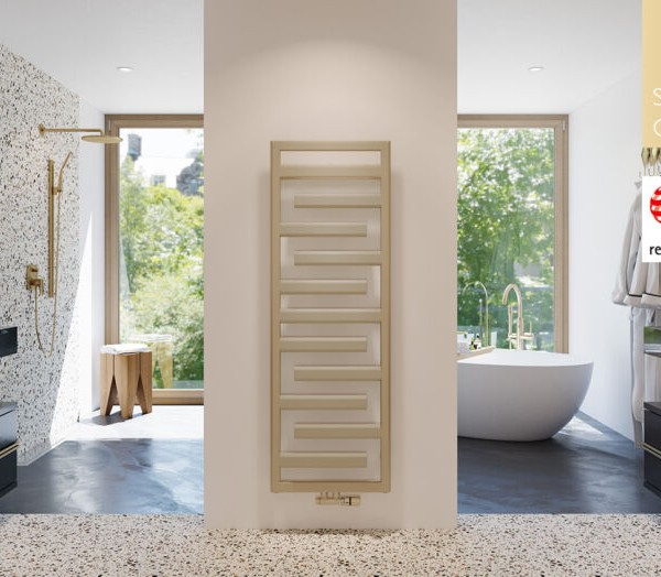 Zehnder Tetris beige radiator in a refined Essex bathroom setting