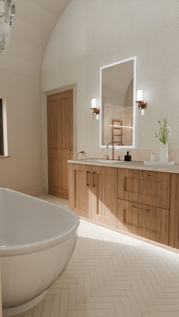 Bowmans 3D bathroom design render showing layout and material selection