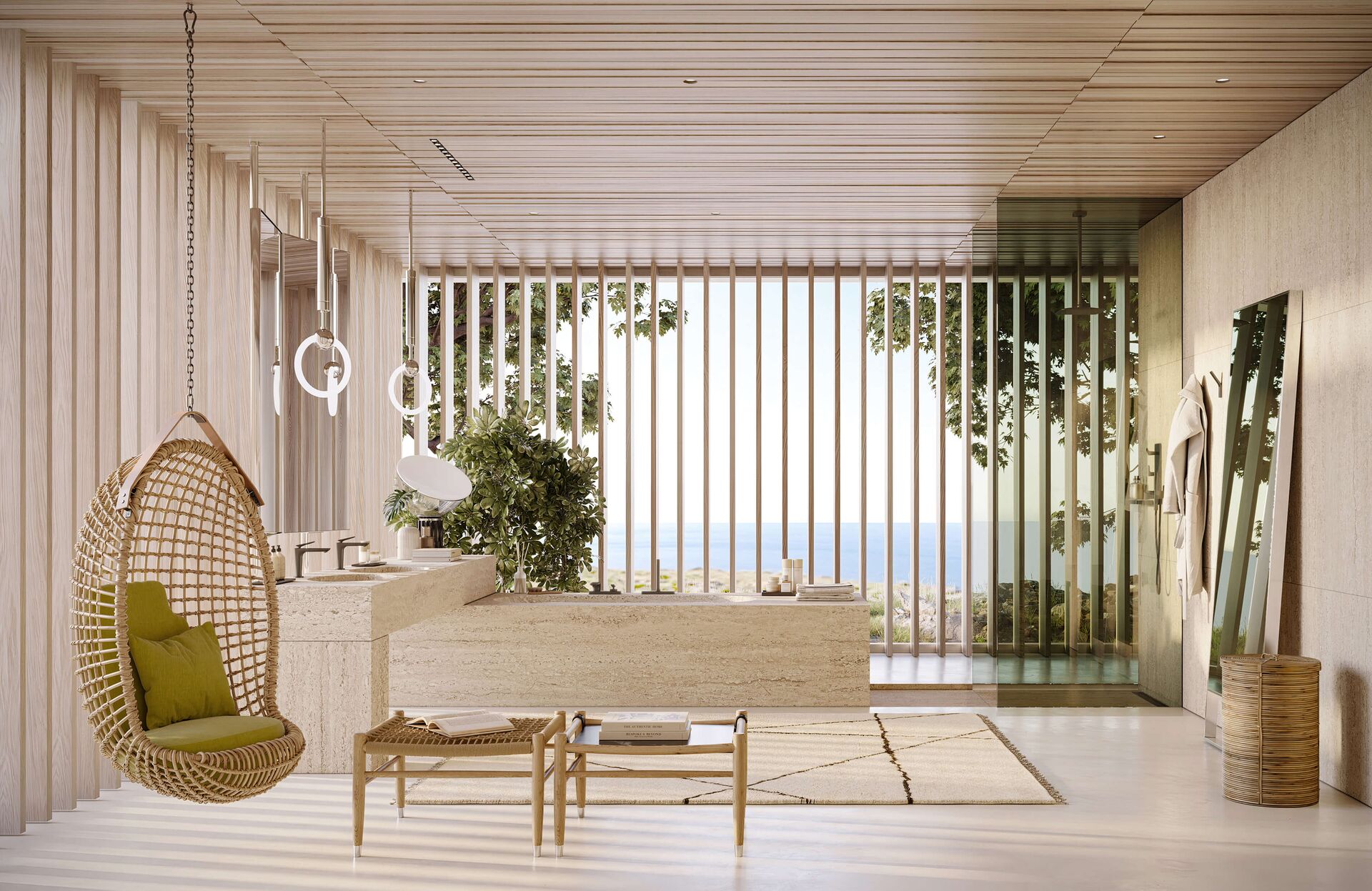 AXOR Citterio C in Antonio Citterio’s light-filled Nature Bound bathroom concept with travertine