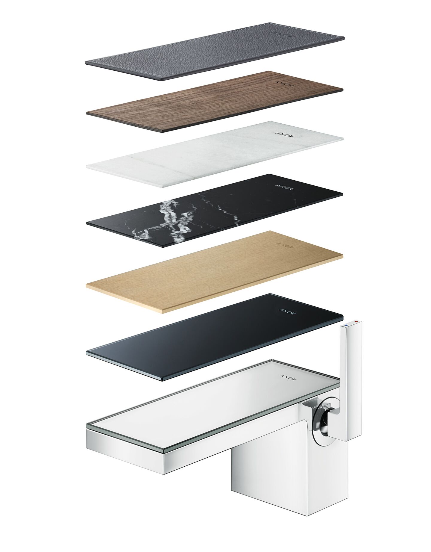 AXOR MyEdition mixer below a vertical display of cover plates in wood, stone, glass and metal finishes.