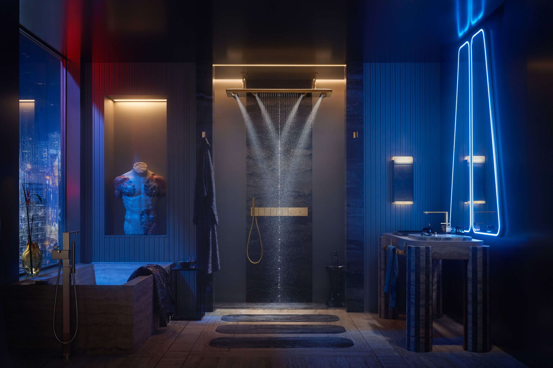 AXOR ShowerHeaven in Polished Gold Optic beneath blue light in Tristan Auer’s bathroom concept