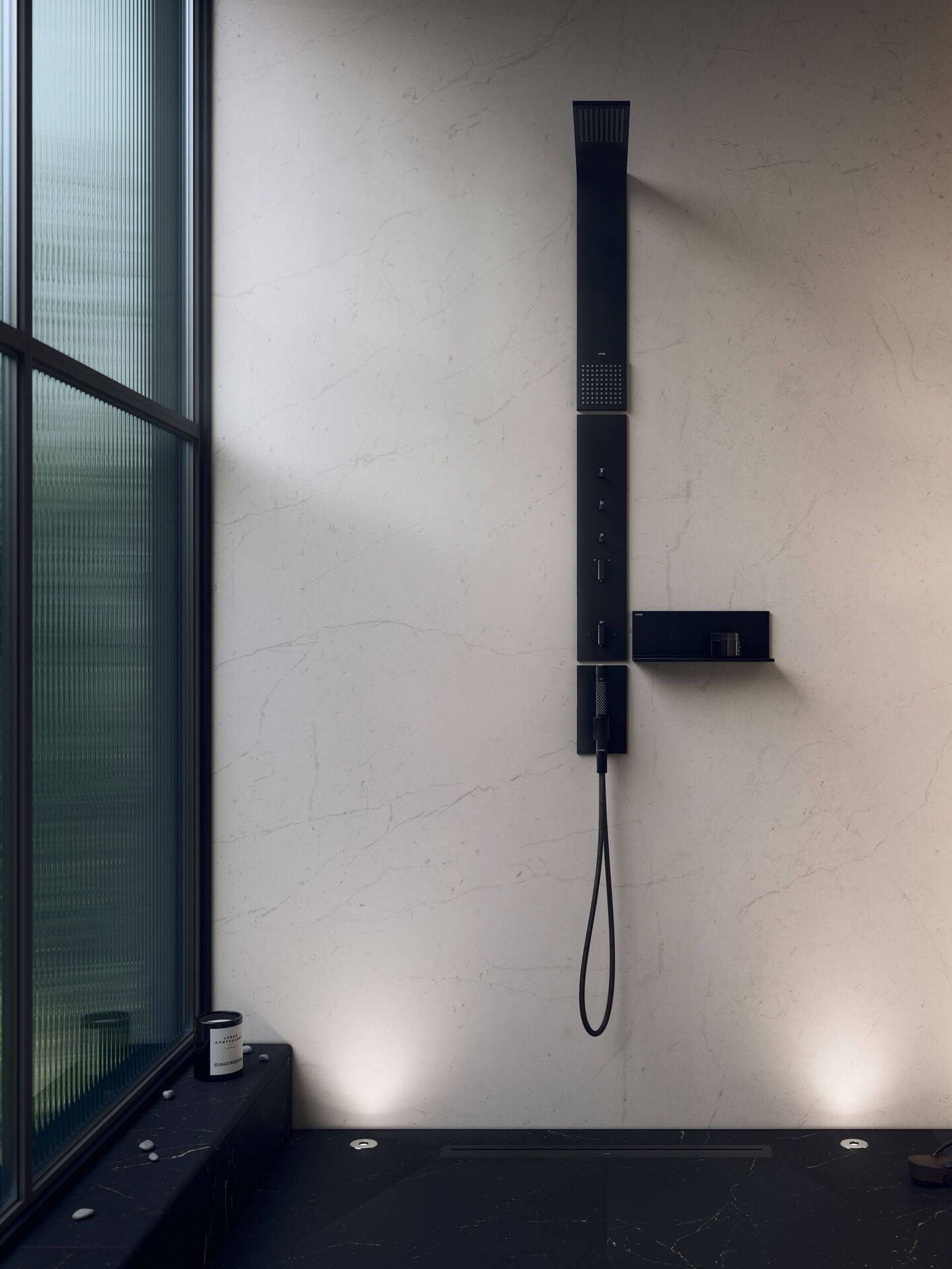 AXOR ShowerComposition all-in-one panel in Matt Black on a pale wall
